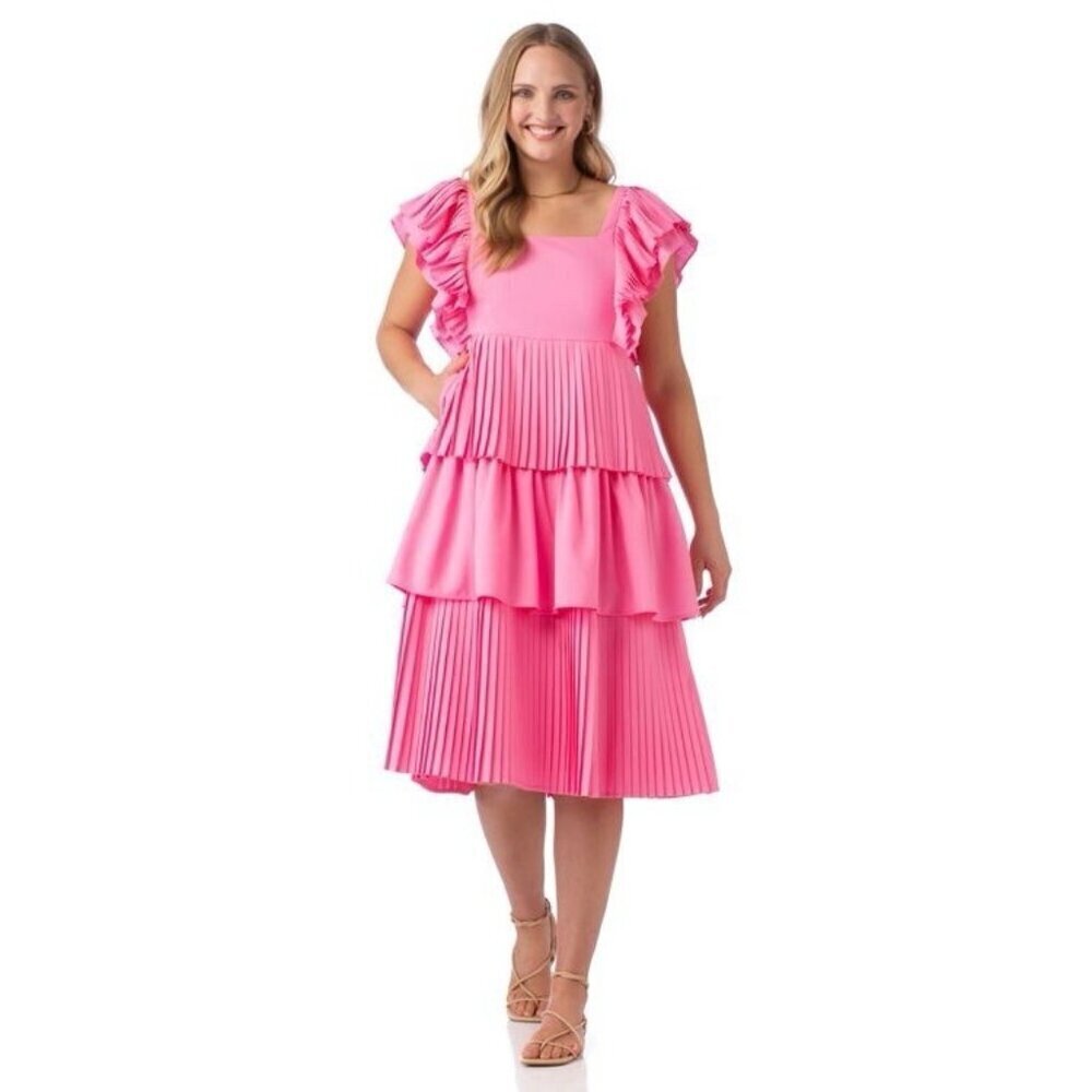 Crosby by Mollie Burch Frida Dress Large Pink Ruffle Tiered Classic Wedding NEW